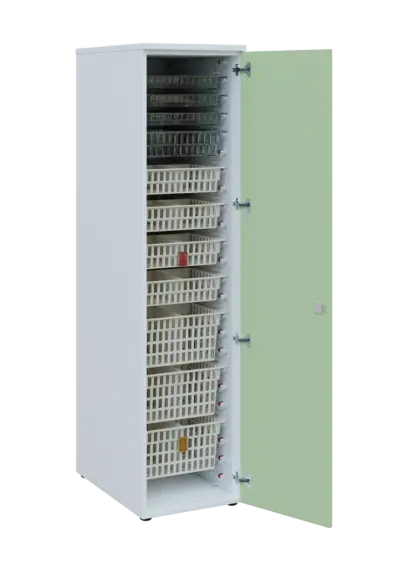 EUROMEDICA D - 46 skříň léková boxová, 1-dveřová, pravá, 1950x460x735, korpus bílý, dvířka šedo-zelinkavá